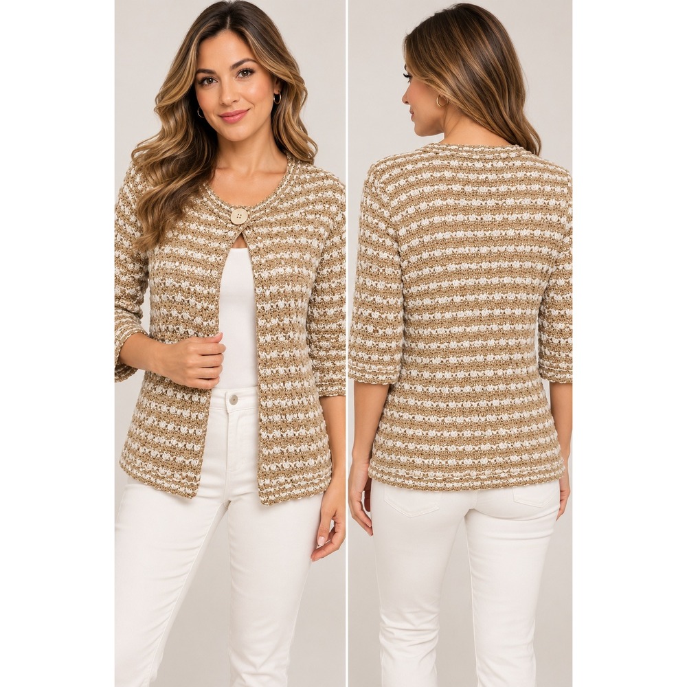 Jones New York Tan White Striped Linen Blend Open Front Cardigan Sweater Medium